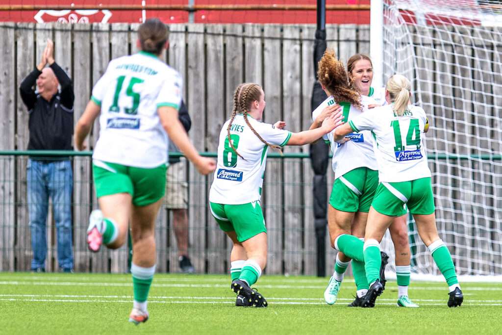 Fiona Barry of The New Saints celebrates as she makes it 3-2 during the 2026-27 Genero Adran Premier match between Wrexham and The New Saints at The Rock, Wrexham, Wales
