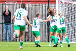 Fiona Barry of The New Saints celebrates as she makes it 3-2 during the 2026-27 Genero Adran Premier match between Wrexham and The New Saints at The Rock, Wrexham, Wales