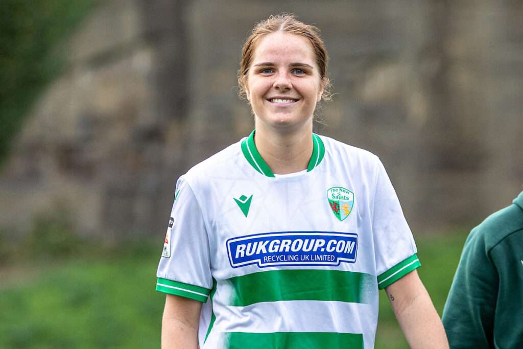 Fiona Barry of The New Saints celebrates at full time following the 2026-27 Genero Adran Premier match between Wrexham and The New Saints at The Rock, Wrexham, Wales
