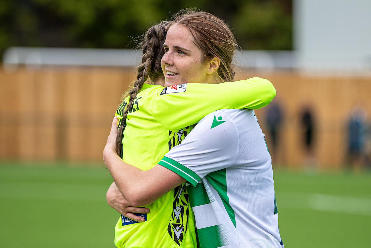 The New Saints Goalkeeper Mackenzie Haydn-Jones and Fiona Barry celebrate at full time following the 2026-27 Genero Adran Premier match between Wrexham and The New Saints at The Rock, Wrexham, Wales