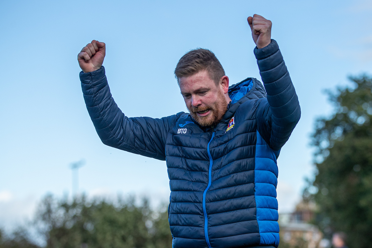 WREXHAM, WALES - 10 OCTOBER 2026: Mold Alexandra Manager Barry Owen celebrates at full time following the 4-0 victory in the 2026-27 Novira Cymru North match between Brickfield Rangers and Mold Alexandra at Clywedog Park, Wrexham, Wales. (Pic by Nik Mesney/FAW)