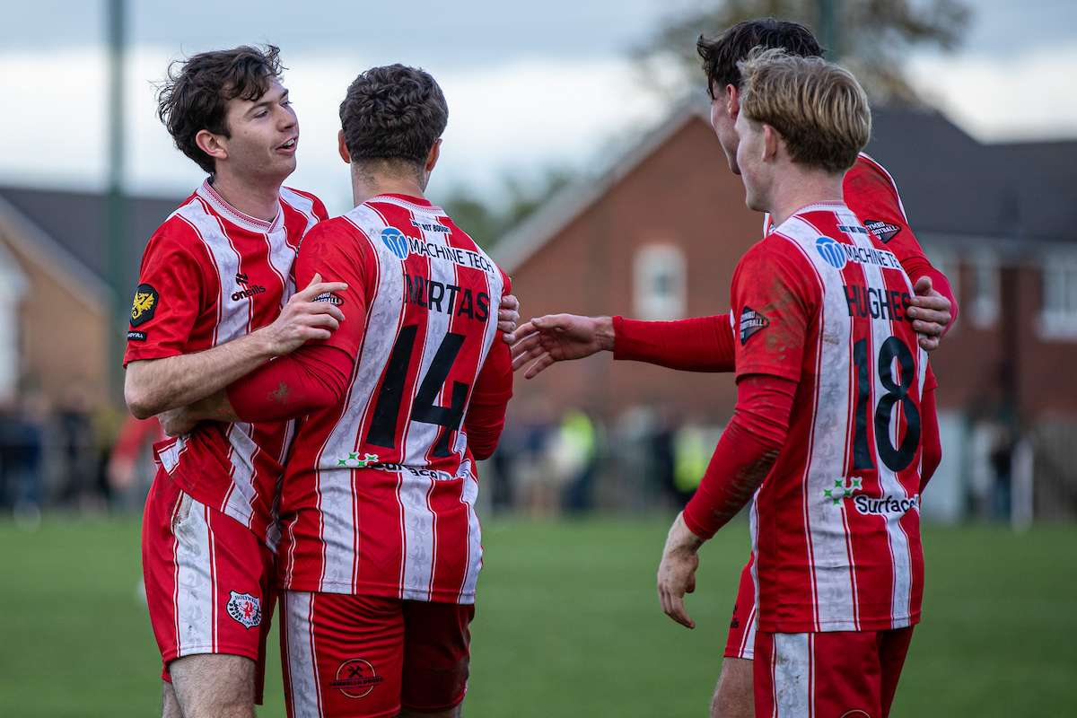 Holywell Town's Fabrizio Murtas celebrates what he thought was the winning goal only for it to be disallowed during the FAW Welsh Cup match between Llay Welfare and Holywell Town at Llay Welfare, Llay, Wales