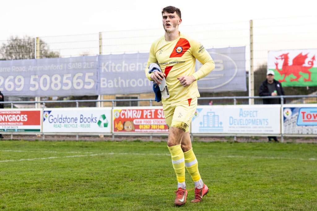 Newport City goalkeeper Ed King during the 2025/26 JD Cymru South match between Ammanford & Newport City at the Recreation Ground, Ammanford, Wales