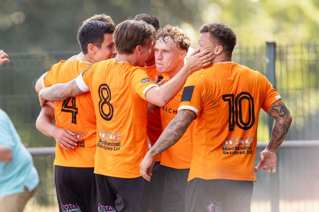 Pontypridd's Ethan Edwards with his 2nd goal of the game and celebrates 1-4 during the 2026/27 Novira Cymru South fixture between Cardiff Draconians FC & Pontypridd United at Lydstep Park, Cardiff, Wales