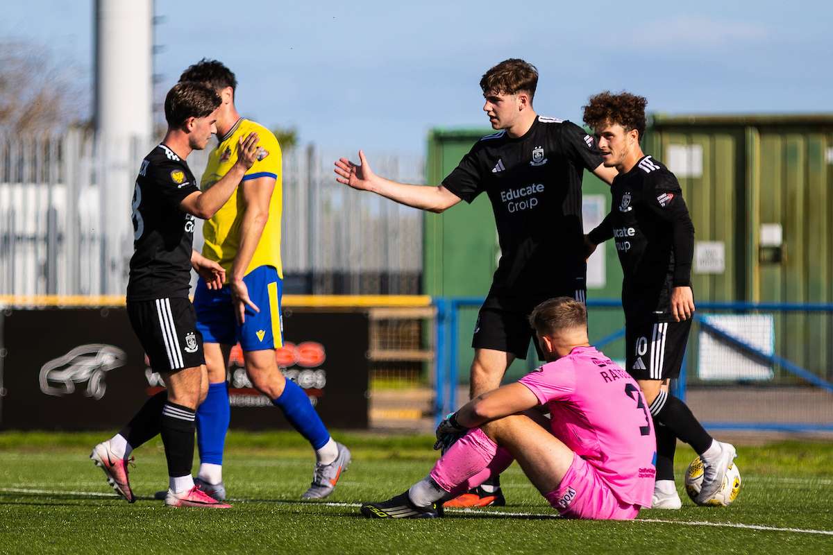 Jordan Hodkin of Connah’s Quay Nomads celebrates scoring his teams fourth goal during the 2026/27 Novira Cymru Premier fixture between Barry Town & Connah’s Quay Nomads at the Jenner Park Stadium, Barry, Wales
