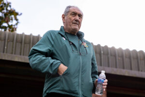 Llanelli Town manager Terry Boyle during the Novira Cymru South match between Ynyshir Albions & Llanelli Town at the Ynyshir Oval, Ynyshir, Wales