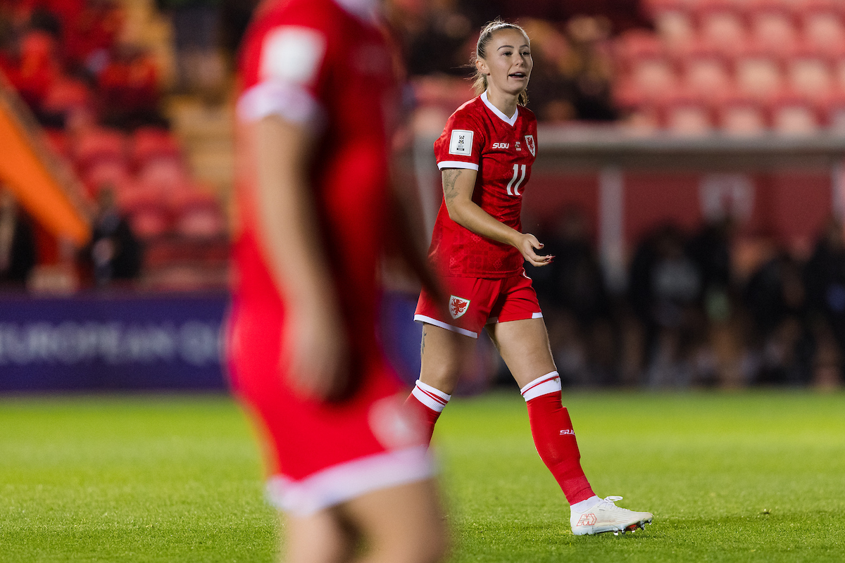 Wales' Hannah Cain during the 2027 Women's WC Qualification Europe Play off Semi-final match between Wales and Albania at Parc y Scarlets in Llanelli, Wales