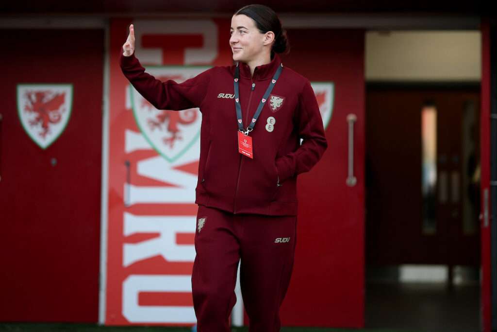 Wales' Angharad James during the 2027 Women's WC Qualification Europe Play off Semi-final  match between Wales and Albania at Parc y Scarlets in Llanelli, Wales