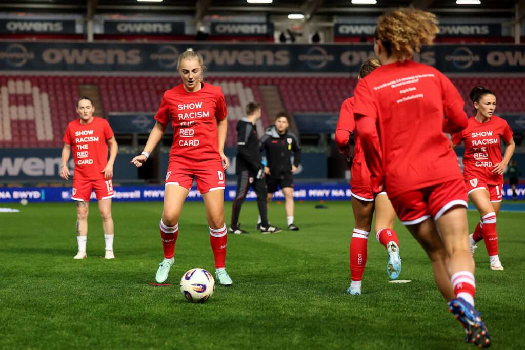 Wales' Mayzee Davies during the 2027 Women's WC Qualification Europe Play off Semi-final  match between Wales and Albania at Parc y Scarlets in Llanelli, Wales.