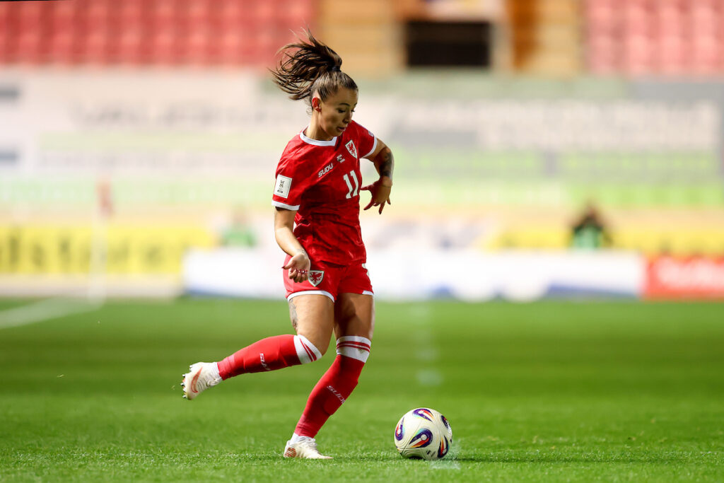 Wales' Hannah Cain during the 2027 Women's WC Qualification Europe Play off Semi-final  match between Wales and Albania at Parc y Scarlets in Llanelli, Wal