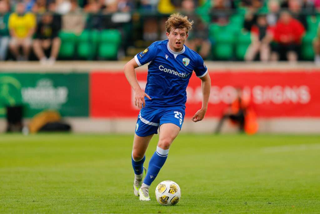 Zach Nolan of TNS during the Novira Cymru Premier game between Caernarfon Town and The New Saints at The Oval Stadium in Caernarfon