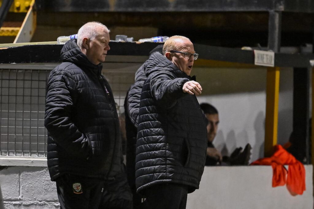 Gareth Thomas Manager of Prestatyn Town gives his team instructions during the 2024/25 JD Cymru North fixture between Prestatyn Town v Airbus UK