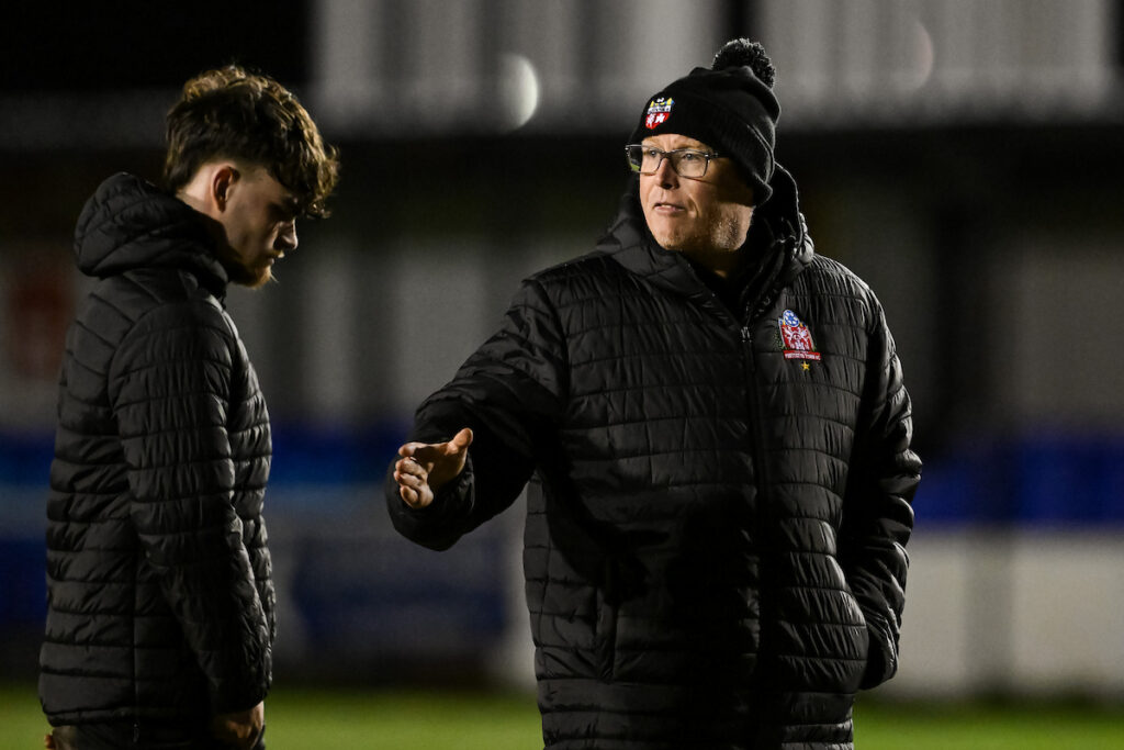 Gareth Thomas Manager of Prestatyn Town during the 2024/25 JD Cymru North fixture between Prestatyn Town v Airbus UK Broughton at Bastion Gardens, Prestatyn, Wales