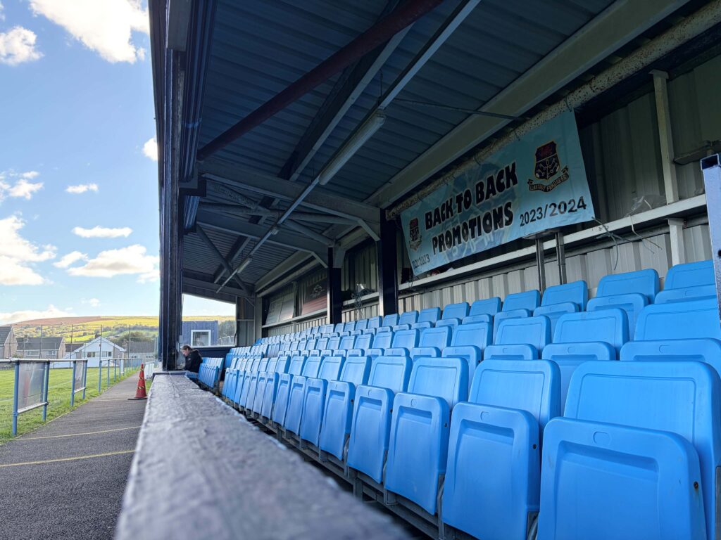 A general view of the seated stand at Llantwit Fardre's Tonteg Park. 