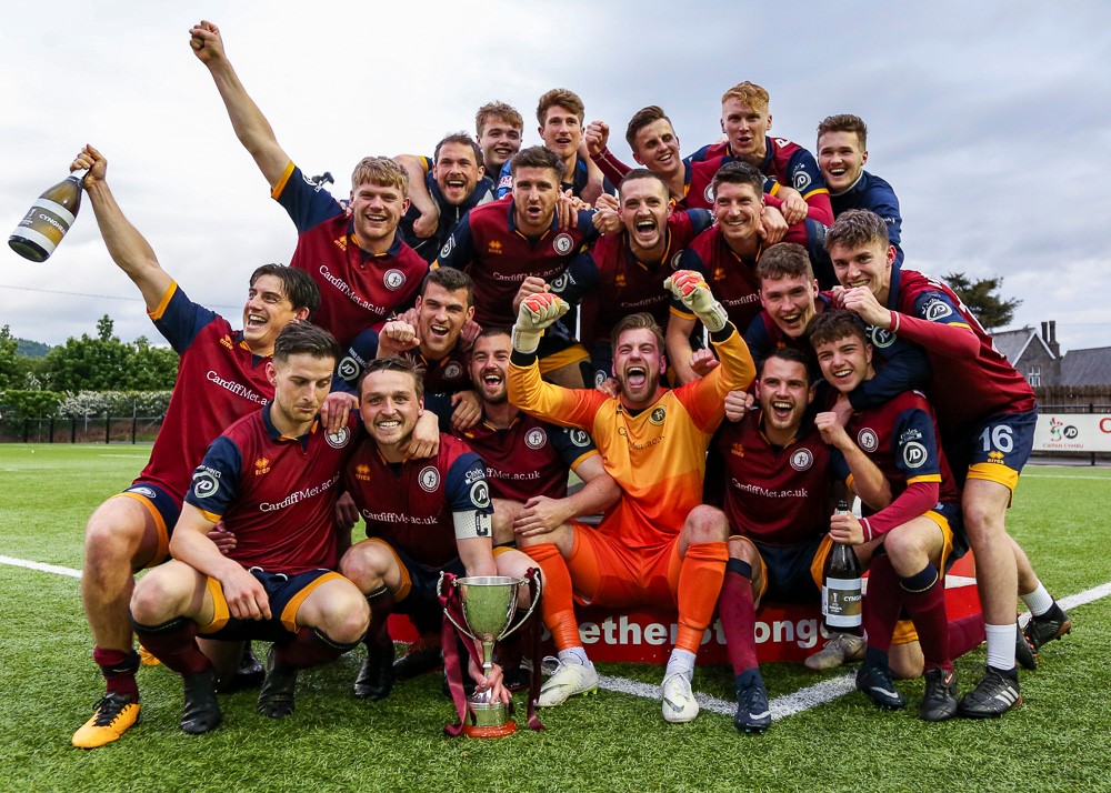 Cardiff Met players celebrate qualifying for the UEFA Europa League