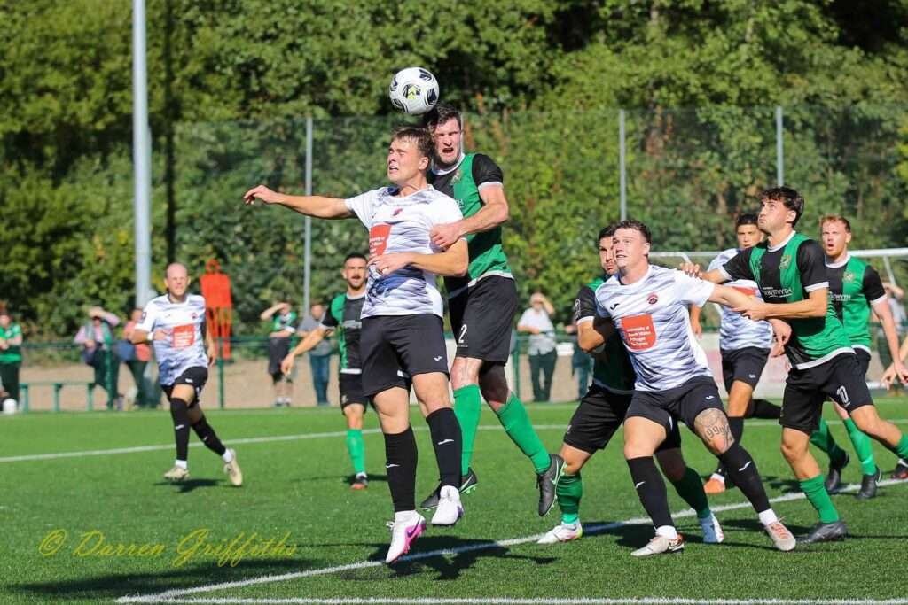 Pontypridd United and Aberystwyth Town battle for the ball in the Cymru Leagues South