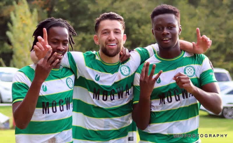 Cwmbran Celtic players celebrate scoring against Brecon Corries in the Ardal South East