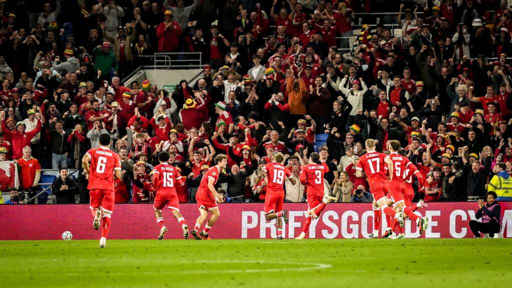 Wales players celebrate Neco Williams' goal against Norway in the UEFA Nations League