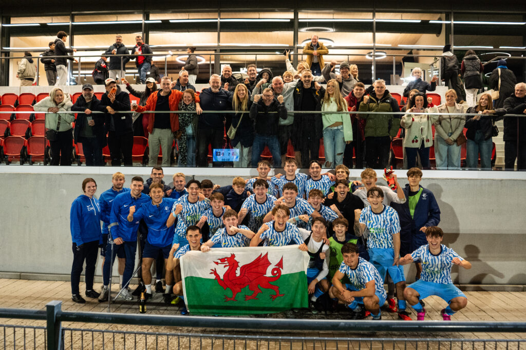 Fans, Players and Staff celebrating Cardiff Met advance to Round Two of the UEFA Youth League (Image Credit: Samuel Jones)