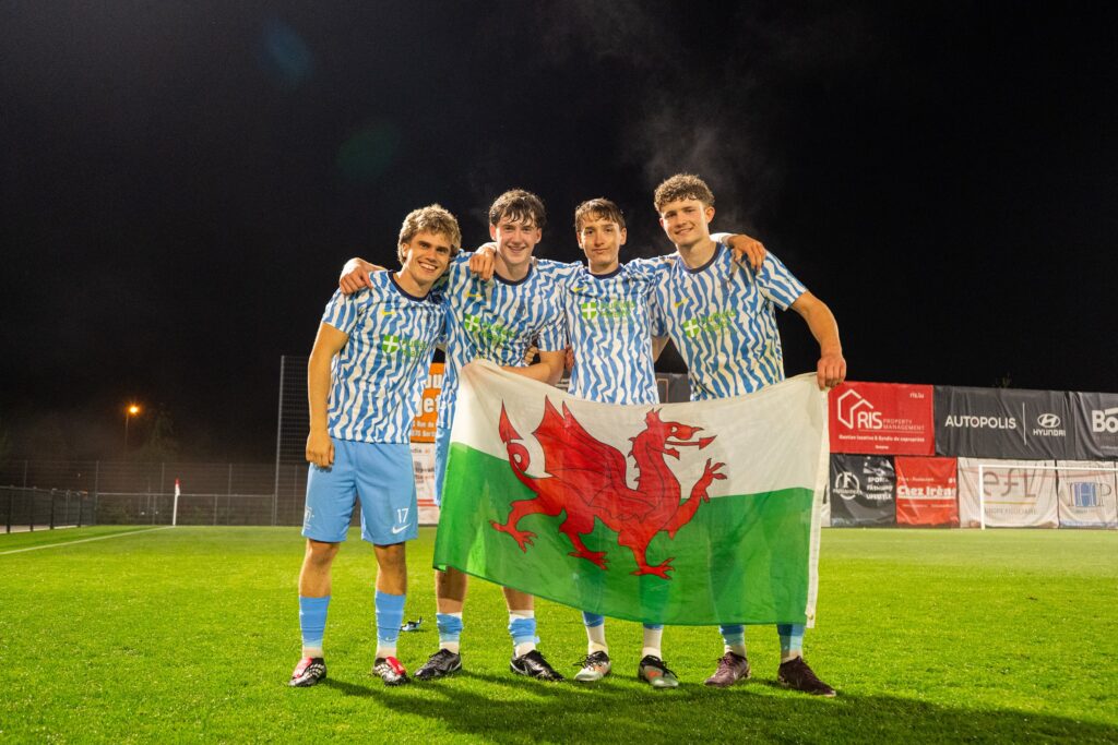 Cardiff Met Uni FC players celebrating after their side advance to Round Two of the UEFA Youth League (Image Credit: Samuel Jones)