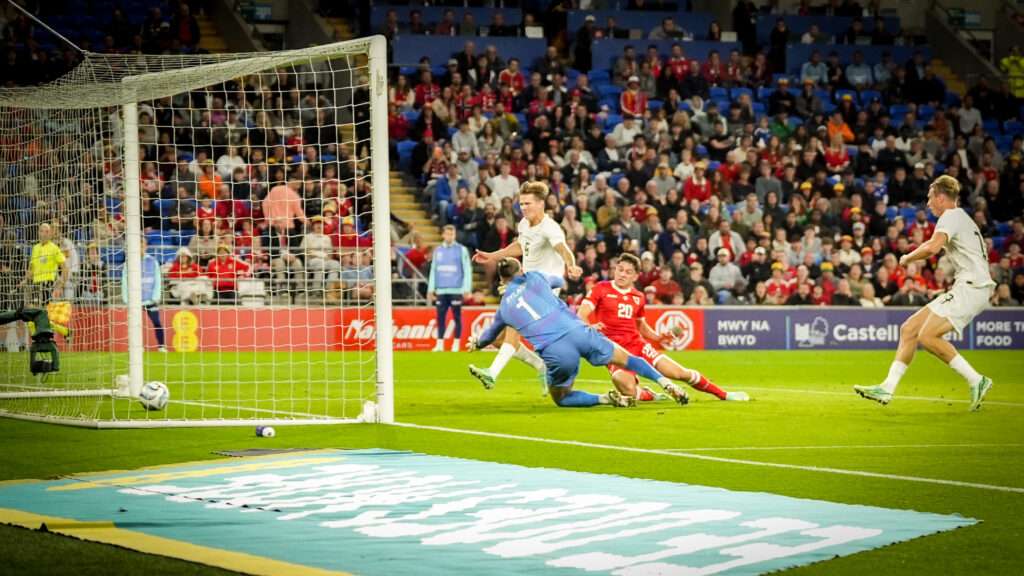 Dan James scores Wales' first goal against Norway