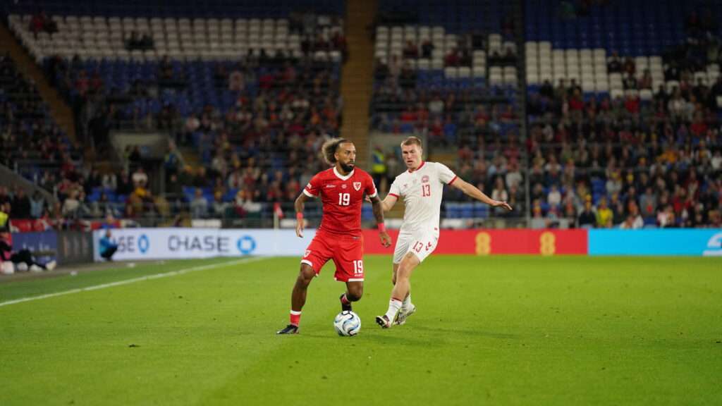 Sorba Thomas vs Denmark in the Nations League at the Cardiff City Stadium. (Image: Sideline Snaps)