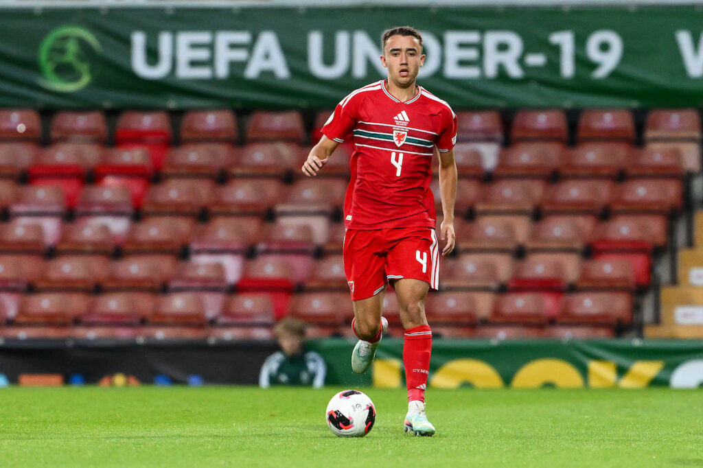 Iestyn Jones of Swansea City and Wales in action during the UEFA European Under-19 Championship 2026 Group A match between Wales and Spain at The Racecourse Ground