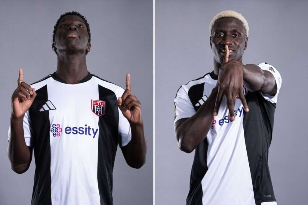 Isaac Modi (left) and Lassana Mendes (right) of Flint Town United at the club's Cymru Premier media session at the Essity Stadium in September 2026.