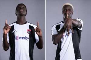 Isaac Modi (left) and Lassana Mendes (right) of Flint Town United at the club's Cymru Premier media session at the Essity Stadium in September 2026.