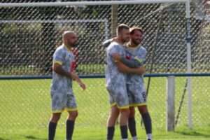 Chepstow Town celebrate as Chris Ham scores his second goal against Caldicot Town in an Ardal South East fixture
