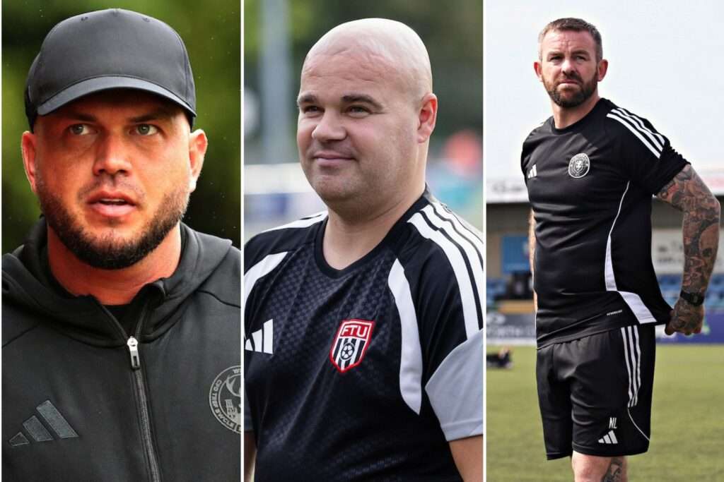A three-image grid featuring Buckley Town manager Asa Hamilton, Nathan Leonard ahead of the Regions Cup Play-Off between North and South Wales, and Flint Town United manager Lee Fowler during a Cymru Premier fixture against Cambrian United.