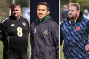 Collage featuring Gruff Harrison during the UEFA Regions’ Cup, Harrison on the touchline as Ammanford goalkeeper against Briton Ferry Llansawel, and Antonio Corbisiero as Aberystwyth Town manager ahead of a Cymru Premier fixture.