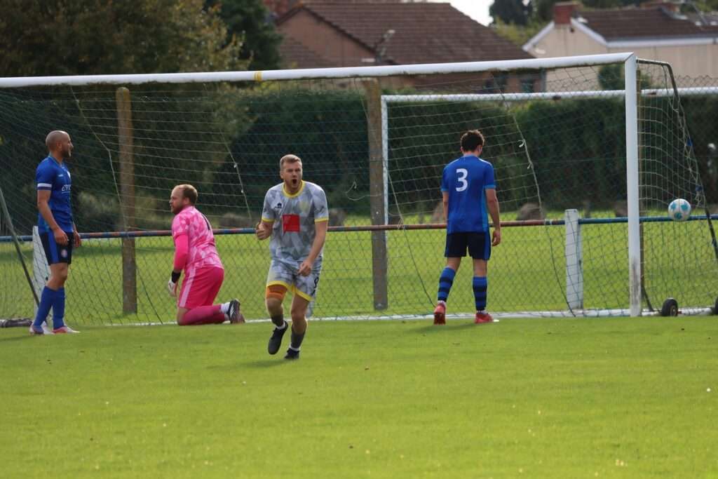 Chris Ham celebrates his goal for Chepstow Town against Caldicot Town