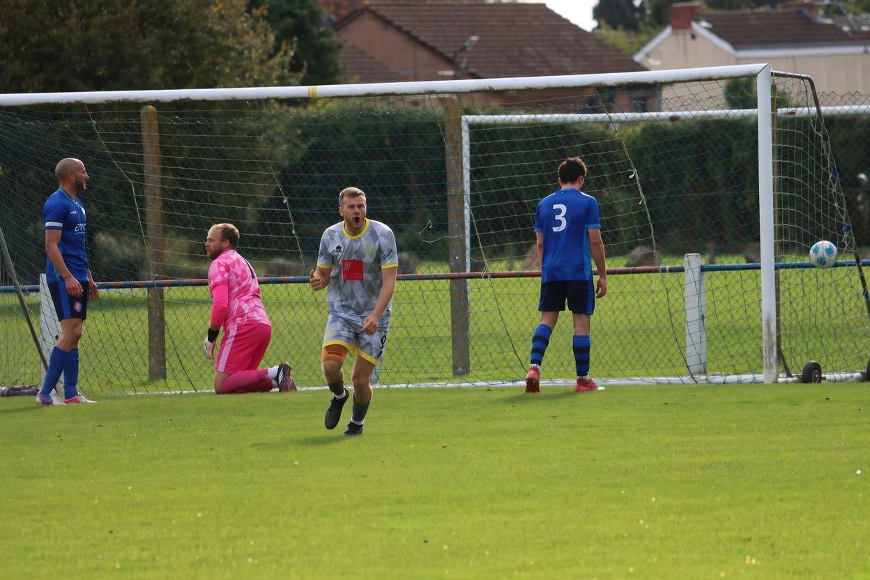 Chris Ham celebrates his goal for Chepstow Town against Caldicot Town